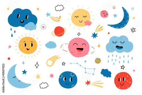 Cute clouds and Suns. Cartoon funny Sun, planets, stars and clouds for baby greeting cards. Vector childish isolated set