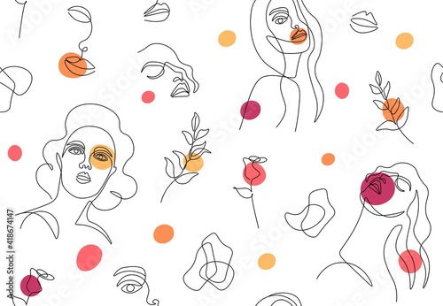 Line woman pattern. Abstract seamless line art sketch, human face of continuous line. Vector modern hand drawn fashion design