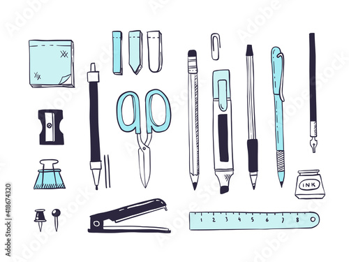 Doodle office supplies. Colored sketch of school and office stationery with pen pencil marker sticker ruler scissors. Vector set