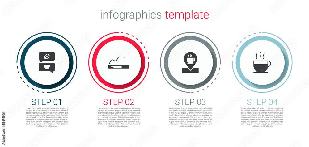 Set Coffee and conversation, Cigarette, Location with coffee cup and . Business infographic template. Vector.