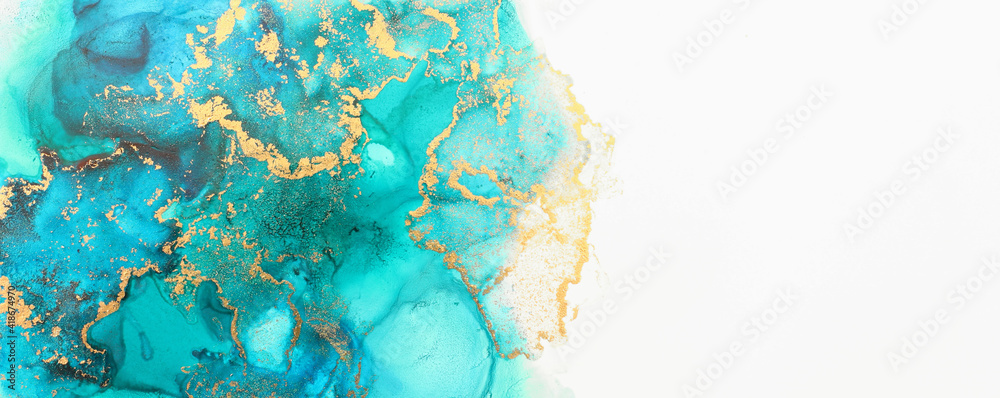 art photography of abstract fluid art painting with alcohol ink, blue and gold colors - obrazy, fototapety, plakaty 