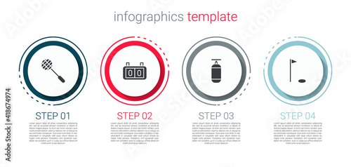 Set Tennis racket, Sport mechanical scoreboard, Punching bag and Golf flag. Business infographic template. Vector.