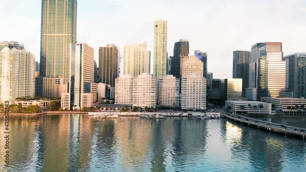 Amazing drone aerial view of Downtown Miami and Brickell Key at dawn, Florida Amazing drone aerial view of Downtown Miami and Brickell Key at dawn, Florida