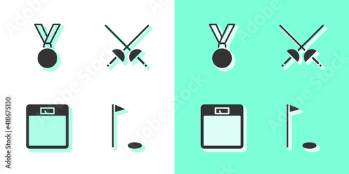 Set Golf flag, Medal, Bathroom scales and Fencing icon. Vector.