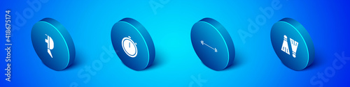 Set Isometric Fencing helmet mask, Barbell, Rubber flippers for swimming and Stopwatch icon. Vector.