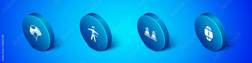Set Isometric Helmet, Snowboard, Rugby ball and Bungee jumping icon. Vector. Set Isometric Helmet, Snowboard, Rugby ball and Bungee jumping icon. Vector.