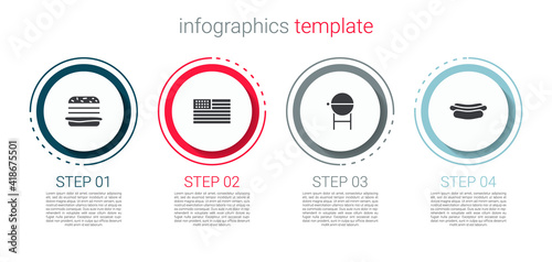 Set Burger, American flag, Barbecue grill and Hotdog sandwich. Business infographic template. Vector.