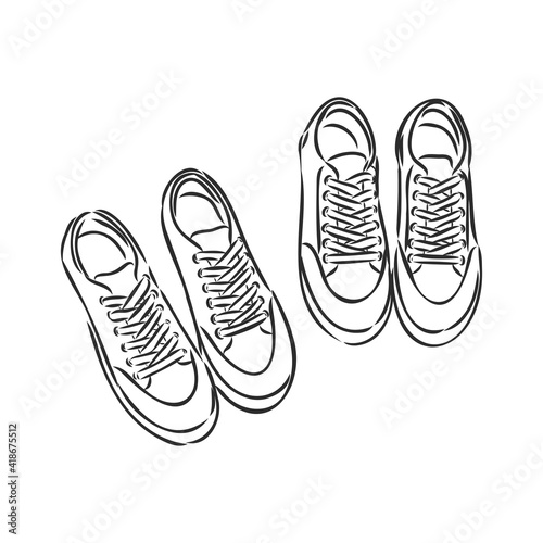 Pair of sneakers on white background drawn in a sketch style. Sneakers hanging on a peg. Vector illustration.