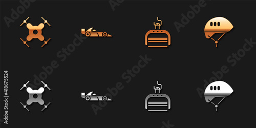 Set Drone flying, Formula 1 racing car, Ski lift and Bicycle helmet icon. Vector.