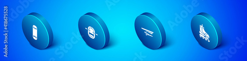 Set Isometric Skateboard trick, Hang glider, Roller skate and Rafting boat icon. Vector.