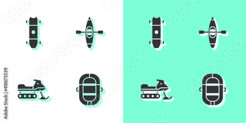 Set Rafting boat, Longboard or skateboard, Snowmobile and Kayak canoe icon. Vector.