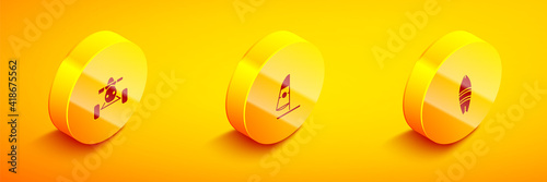 Set Isometric ATV motorcycle, Windsurfing and Surfboard icon. Vector.