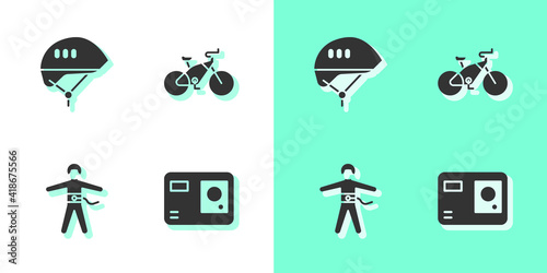 Set Action extreme camera, Bicycle helmet, Bungee jumping and icon. Vector.
