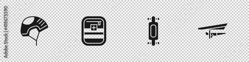 Set Helmet, First aid kit, Longboard or skateboard and Hang glider icon. Vector.