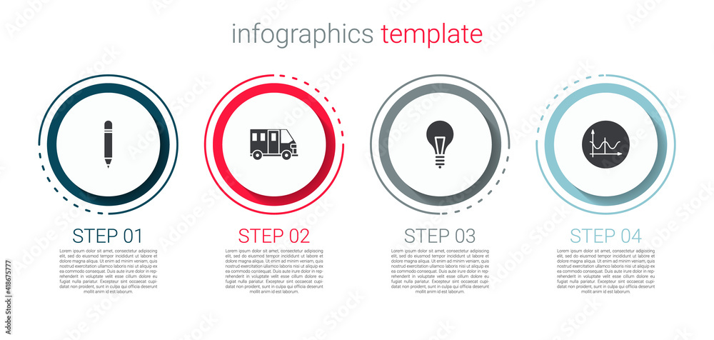 Set Pencil with eraser, School Bus, Light bulb concept of idea and Graph, schedule, chart, diagram. Business infographic template. Vector.