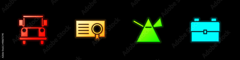 Set School Bus, Certificate template, Light rays in prism and backpack icon. Vector. Set School Bus, Certificate template, Light rays in prism and backpack icon. Vector.
