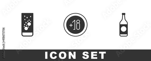 Set Effervescent tablets in water, Alcohol 18 plus and Beer bottle icon. Vector.