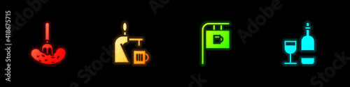 Set Pickled cucumber on a fork, Beer tap with glass, Street signboard Bar and Wine bottle icon. Vector.
