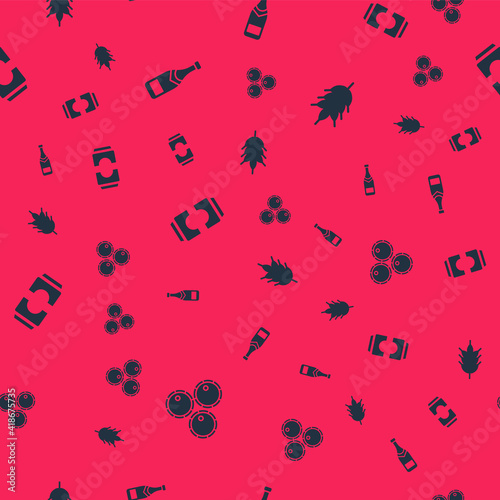 Set Wooden barrels, Champagne bottle, Beer can and Hop on seamless pattern. Vector.