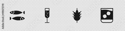 Set Dried fish, Glass of champagne, Hop and whiskey icon. Vector.