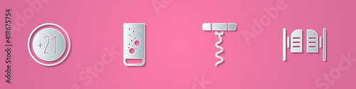 Set paper cut Alcohol 21 plus, Effervescent tablets in water, Wine corkscrew and Saloon door icon. Paper art style. Vector.