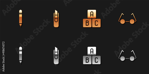 Set Pencil with eraser, Stationery knife, ABC blocks and Glasses icon. Vector.