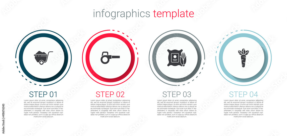 Set Wheelbarrow with dirt, Leaf garden blower, Corn in the sack and Carrot. Business infographic template. Vector. Set Wheelbarrow with dirt, Leaf garden blower, Corn in the sack and Carrot. Business infographic template. Vector.