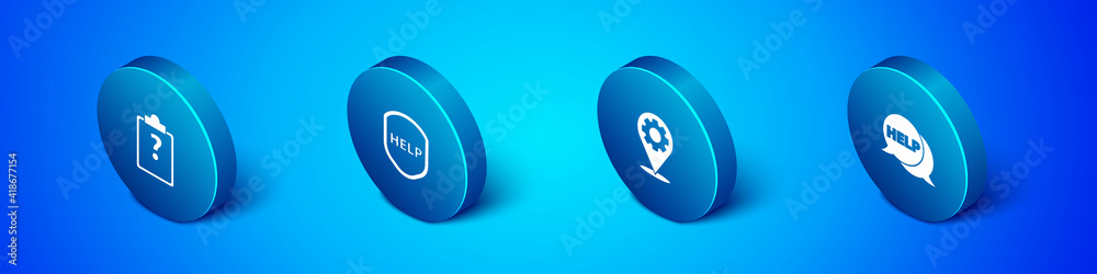 Set Isometric Clipboard with question marks, Location gear, Speech bubble text Help and Shield icon. Vector. Set Isometric Clipboard with question marks, Location gear, Speech bubble text Help and Shield icon. Vector.