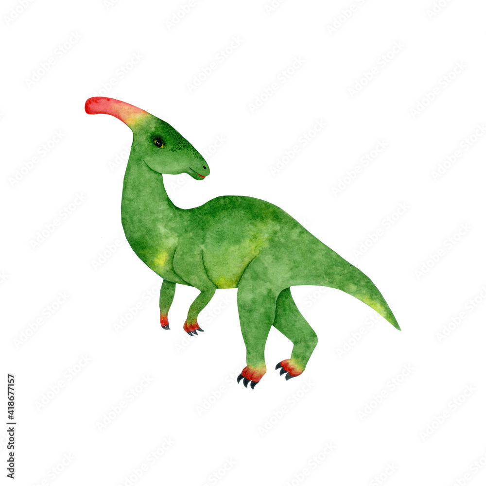 Fototapeta premium Watercolor illustration of Dinosaur parasaurolophus. Hand drawn cute dino for coloring book, prints, dino parties, patterns. Colorful illustration of dinosaur isolated on white background.