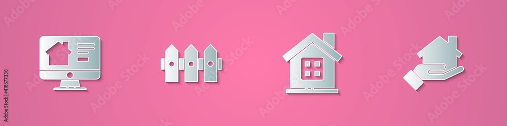 Set paper cut Online real estate house, Garden fence wooden, House and Realtor icon. Paper art style. Vector.