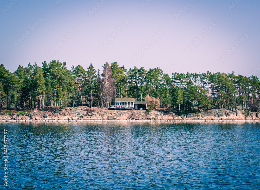 Panoramic view of the small islands in the archipelago of Stockholm. Sweden. Water landscape