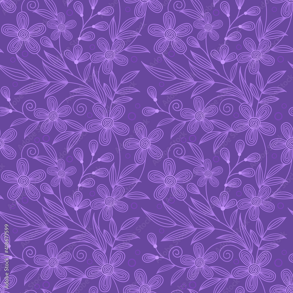Line flowers on purple color background seamless pattern for fabric textile wallpaper.