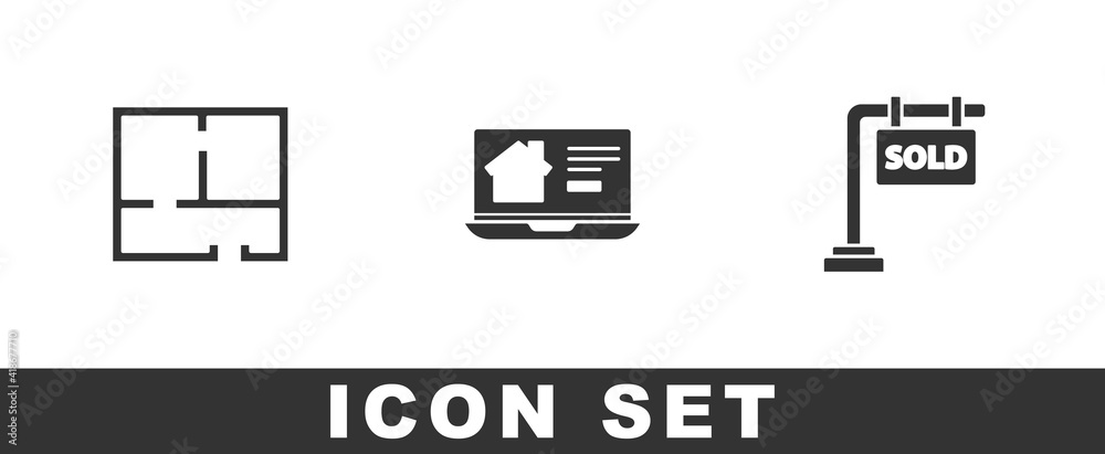 Set House plan, Online real estate house and Hanging sign with Sold icon. Vector. Set House plan, Online real estate house and Hanging sign with Sold icon. Vector.