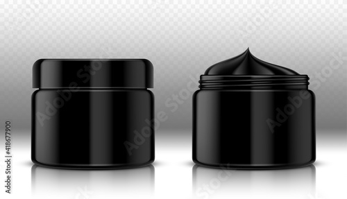 WebFacial cream or charcoal mask. Cosmetics packaging mockup design. Black cosmetic containers on transparent background.