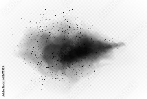 Particles of charcoal on transparent background. Abstract black powder splatter. Vector realistic exploding black powder.