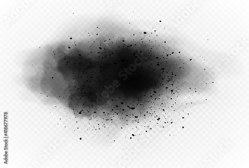 Particles of charcoal on transparent background. Abstract black powder splatter. Vector realistic exploding black powder.