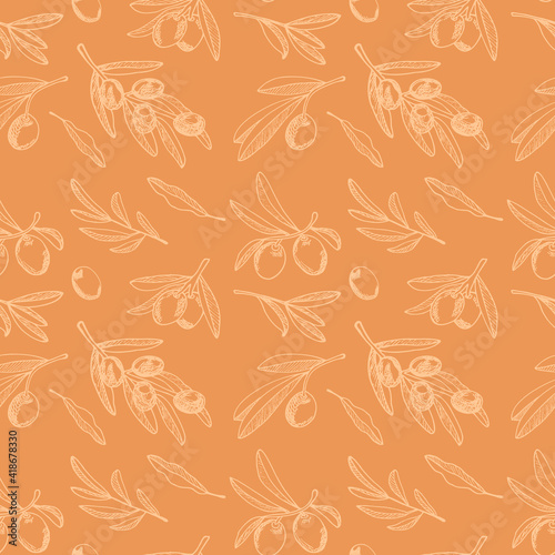 Seamless pattern with  olive branches and fruits for Italian cuisine design, extra virgin oil food, cosmetic product packaging wrapper.