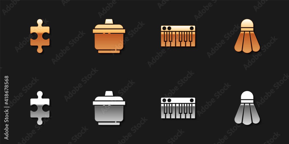 Set Piece of puzzle, Cooking pot, Music synthesizer and Badminton shuttlecock icon. Vector. Set Piece of puzzle, Cooking pot, Music synthesizer and Badminton shuttlecock icon. Vector.