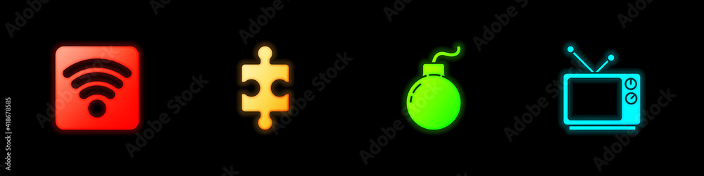 Set Wi-Fi wireless internet network, Piece of puzzle, Bomb ready to explode and Retro tv icon. Vector. Set Wi-Fi wireless internet network, Piece of puzzle, Bomb ready to explode and Retro tv icon. Vector.