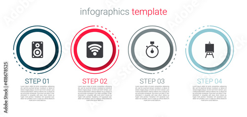 Set Stereo speaker, Wi-Fi wireless internet network, Stopwatch and Easel painting art boards. Business infographic template. Vector.