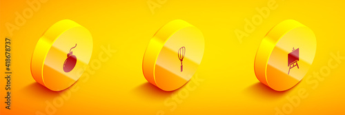 Set Isometric Bomb ready to explode, Kitchen whisk and Easel or painting art boards icon. Vector.