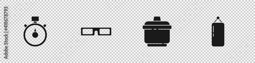 Set Stopwatch, Cinema glasses, Cooking pot and Punching bag icon. Vector.