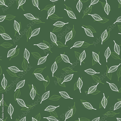 Vector monochrome green seamless pattern with scattered leaf. Perfect for fabric, scrapbooking and wallpaper projects.