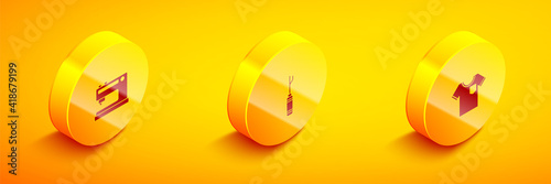 Set Isometric Sewing machine, Awl tool and T-shirt icon. Vector.