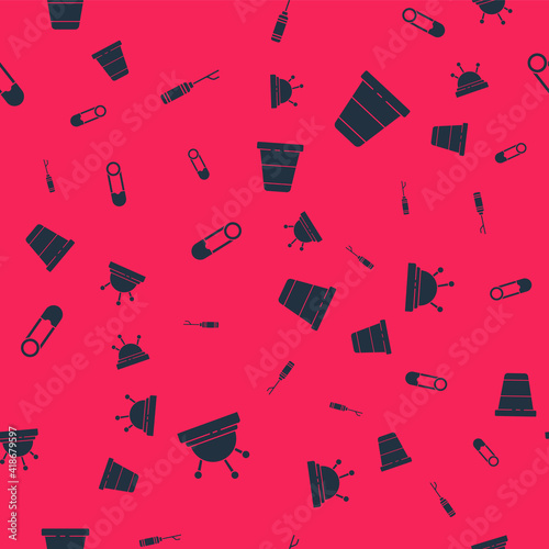 Set Needle bed and needles, Awl tool, Safety pin and Thimble for sewing on seamless pattern. Vector.