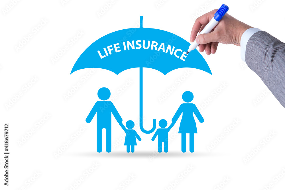 Life insurance concept with family under umbrella Life insurance concept with family under umbrella