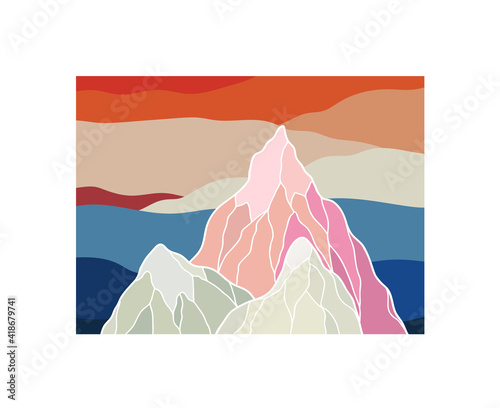 Sunset mountains. Vector for prints, poster, stickers, travel design.