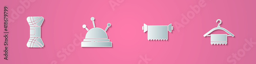 Set paper cut Yarn, Needle bed and needles, Textile fabric roll and Hanger wardrobe icon. Paper art style. Vector.