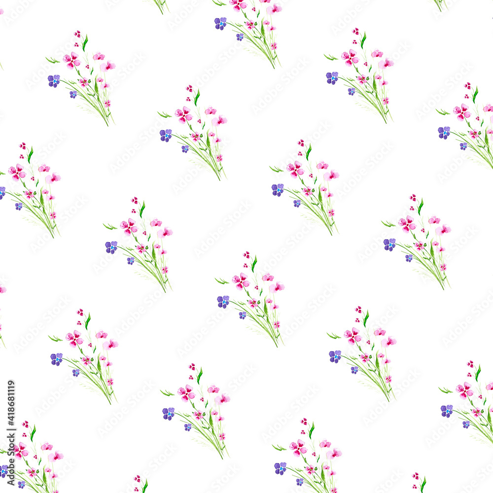 Cute tiny flowers оn white background. Background texture with multi-coloured gypsophila. Watercolor illustration for textile, web, print, wrapping, fabric, wallpaper. Cute tiny flowers оn white background. Background texture with multi-coloured gypsophila. Watercolor illustration for textile, web, print, wrapping, fabric, wallpaper.