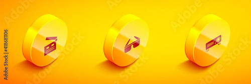 Set Isometric Movie clapper, 3D cinema glasses and Movie, film, media projector icon. Vector.